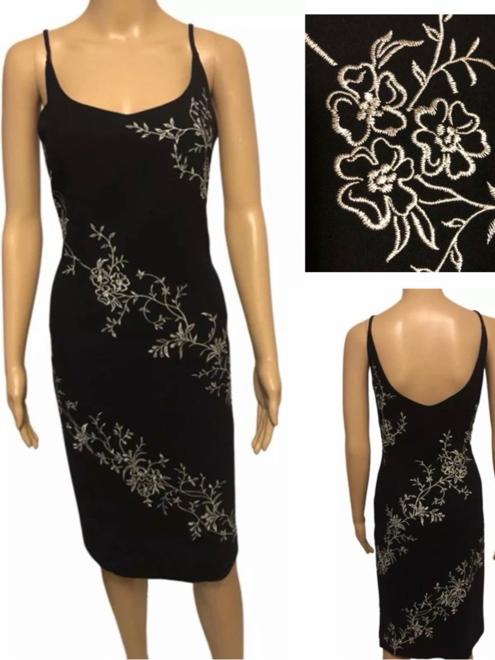 Maggy London  Vintage Black White Floral Embroidery Sheath Dress Size 8